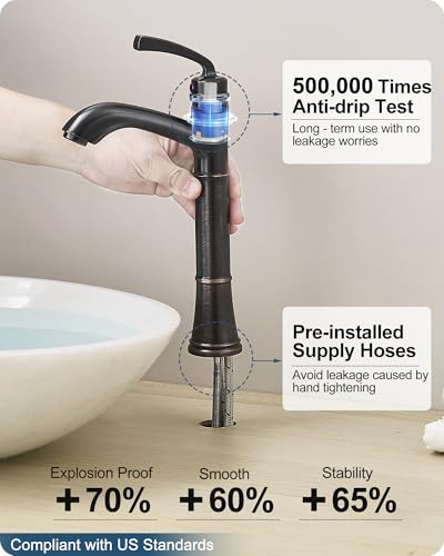 Brass Tall Bathroom Faucet 1 Hole, Oil Rubbed Bronze Bathroom Vessel Sink Faucet Single Handle with Pop-Up Drain & Pre-Installed Hoses, 5 Mins Install - color: Oil Rubbed Bronze