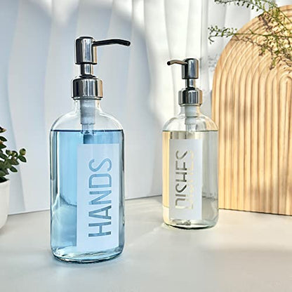 JASAI 2Pack 18OZ Glass Soap Dispenser with Hands & Dishes Printed Label. | Kitchen Soap Dispenser with Rustproof 304 Stainless Steel Pump for Hand Soap & Dish Soap (White) - color: White With White Pump