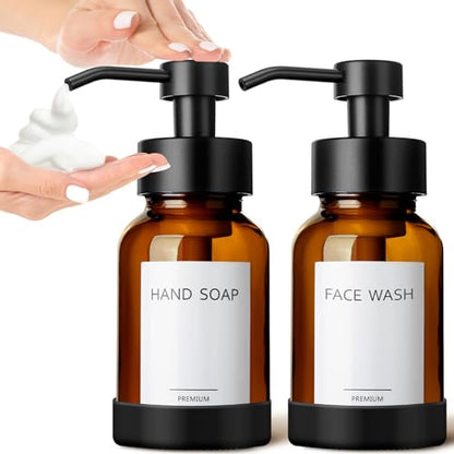 GMISUN Amber Foam Soap Dispenser, 8.5 Fl oz Amber Glass Foaming Hand Soap Dispenser for Bathroom & Kitchen, 2 Pcs Modern Refillable Foaming Soap Dispensers, Foam Pump Bottle with Label & Silicone Boot - color: Amber Bottle, size: 8.5 Fl oz with Silicone B
