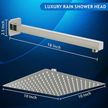 Voolan All Metal Shower Head with Extension Arm, Stainless Steel Waterfall Rainfall Showerheads, High Flow Bathroom Square Rain Shower Head (10’’ Shower Head with 16’’ Shower Arm, Brushed Nickel) - color: Brushed Nickel, size: 10’’ Shower Head with 16’’ S
