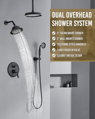 Dasan Antique Dual Rainfall Shower System, Matte Black, Complete Shower Fixture Combo, 9'' & 6'' Dual Rainfall Overhead Shower with Handheld, Valve & Trim Kit, AT3096C-MB - color: Matte Black