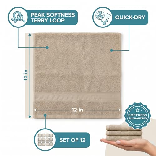 Sofea 100% Cotton Washcloths Set of 12, (12 x 12 Inch) 520 GSM Wash Cloths, Extra Soft Absorbent Quick Dry Face Towels - color: Beige