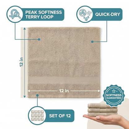 Sofea 100% Cotton Washcloths Set of 12, (12 x 12 Inch) 520 GSM Wash Cloths, Extra Soft Absorbent Quick Dry Face Towels - color: Beige