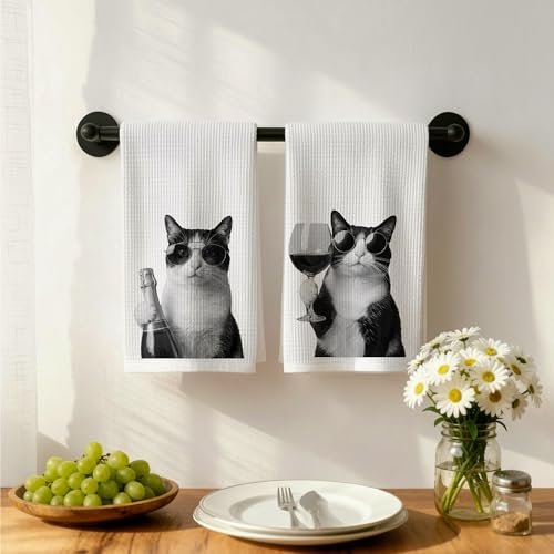 Funny Tuxedo Cat Wine Kitchen Dish Towels Set of 2- Tuxedo Cat Gifts, Gifts for Wine Lovers, Black and White Kitty Kitten Hand Tea Towels for Home Bar Kitchen, 16x24 Inches-041 - color: Wcolor 006