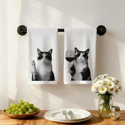 Funny Tuxedo Cat Wine Kitchen Dish Towels Set of 2- Tuxedo Cat Gifts, Gifts for Wine Lovers, Black and White Kitty Kitten Hand Tea Towels for Home Bar Kitchen, 16x24 Inches-041 - color: Wcolor 006