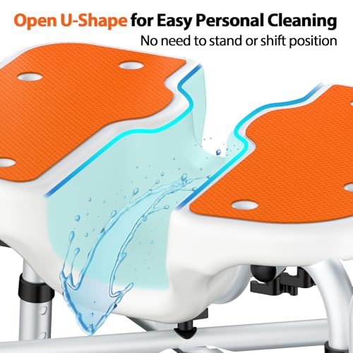 FSA/HSA Heavy Duty Shower Chair for Inside Shower, 500LBS Shower Chair with Arms Back, Padded Bath Seat with U-Shaped Cutout, Anti-Slip Adjustable Bath Stool for Seniors, Handicap, Pregnant, Orange