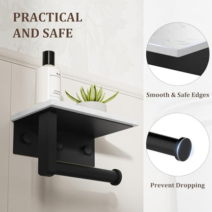 BWE Matte Black Toilet Paper Holder with Marble Shelf Wall Mounted | Toilet Paper Roll Holder with Phone Shelf 304 Stainless Steel Tissue Holder for Bathroom Washroom,Saving Space - color: Black