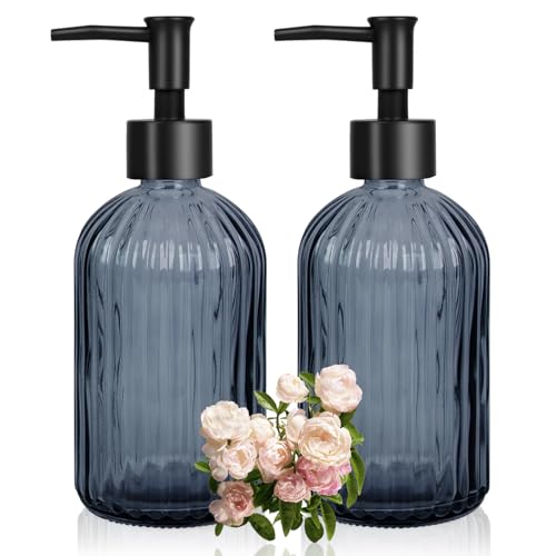 Glass Soap Dispenser with Plastic Pump, Hand Soap Dispenser for Hand Wash, Lotion Dispenser for Dishwashing Liquid, Lotion Shower Gel (Striped Blue Grey) - color: Striped Blue Grey
