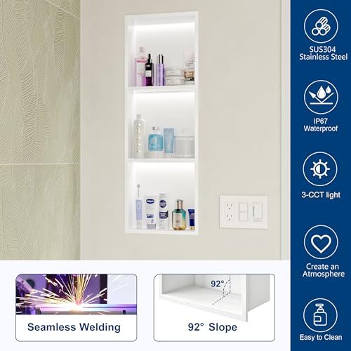 White 3-Tier 3 CCT LED Niche, 12"x36" No-Tile Shower Storage | shower niche with 3-Temperature LED Strip Light (4000K/6000K/3000K),Waterproof, Sturdy&Durable,304 Stainless Steel Wall Niche - color: White, size: 12X36In