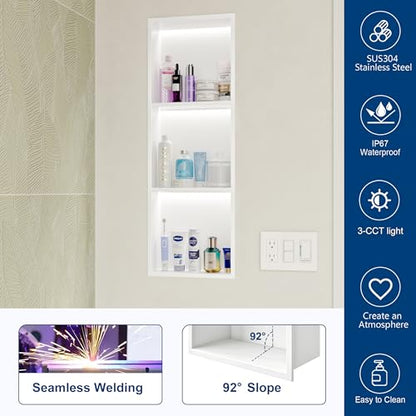 White 3-Tier 3 CCT LED Niche, 12"x36" No-Tile Shower Storage | shower niche with 3-Temperature LED Strip Light (4000K/6000K/3000K),Waterproof, Sturdy&Durable,304 Stainless Steel Wall Niche - color: White, size: 12X36In