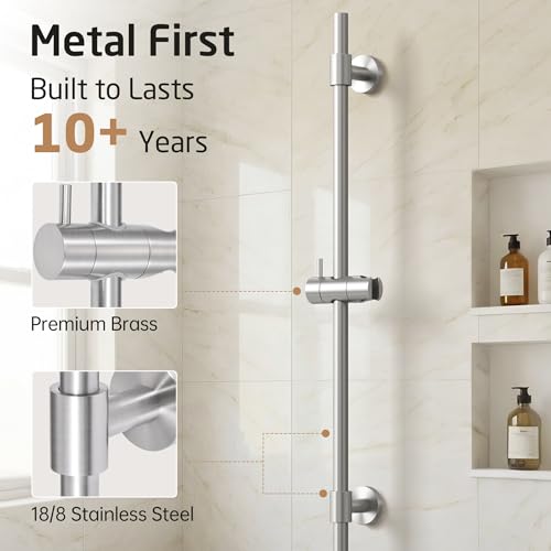 KES All Metal Shower Slide Bar 30-Inch with Adjustable Shower Head Holder | Non-Plastic Shower Sliding Bar with 18/8 Stainless Steel Adjustable Bracket Cover Existing Holes, Brushed Steel - color: Brushed Steel