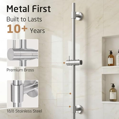 KES All Metal Shower Slide Bar 30-Inch with Adjustable Shower Head Holder | Non-Plastic Shower Sliding Bar with 18/8 Stainless Steel Adjustable Bracket Cover Existing Holes, Brushed Steel - color: Brushed Steel