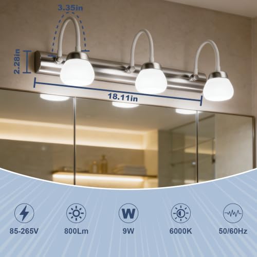 Bathroom Light Fixtures LED 3-Light 18 Inch 6000K Cool White | Vanity Light Adjustable Gooseneck Heads Rustproof Stainless Steel Over Mirror for Makeup Grooming