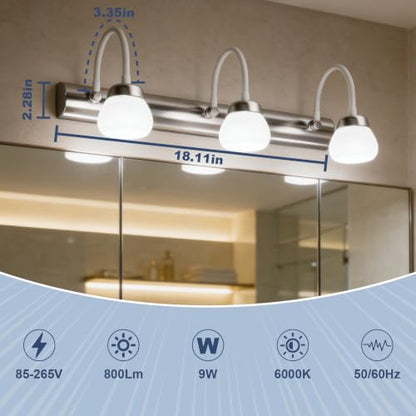 Bathroom Light Fixtures LED 3-Light 18 Inch 6000K Cool White | Vanity Light Adjustable Gooseneck Heads Rustproof Stainless Steel Over Mirror for Makeup Grooming