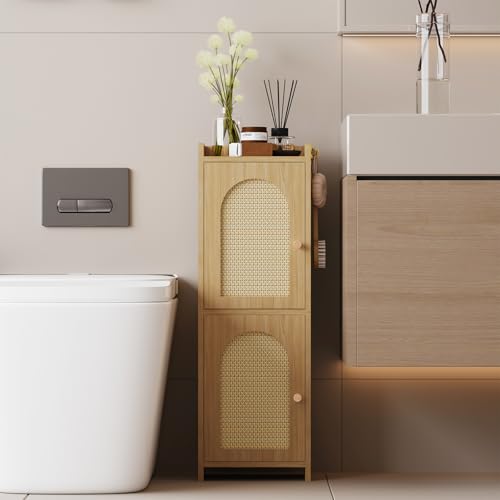 Arbuxzuy Rattan Bathroom Storage Cabinet with 2 Doors and Adjustable Shelf | Oak Corner Floor Cabinet, Narrow Toilet Paper Cabinets with 2Hooks, Toilet Organizer for Small Spaces, 7.87"D*9.84"W*29.72"H - color: Classic-rattan