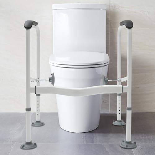 Toilet Rails for Bathroom, Stand Alone Toilet Handrail Frame with Adjustable Height, Medical Frame for Elderly Handicap, 300lbs Capacity Toilet Support Rail with Padded Handles