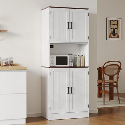 MHOM 71" Tall Pantry Cabinet with Charging Station, Farmhouse Kitchen Hutch with Adjustable Shelves, Modern Kitchen Pantry Storage Cabinet for Dinning Room & Living Room, Antique White - color: White