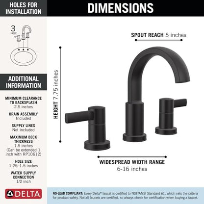 Delta Albion Matte Black Bathroom Faucet 3 Hole, 8 Inch Widespread Bathroom Sink Faucet for Vanity, Metal Push-Pop Drain Assembly, Matte Black 35855LF-BL - color: Matte Black