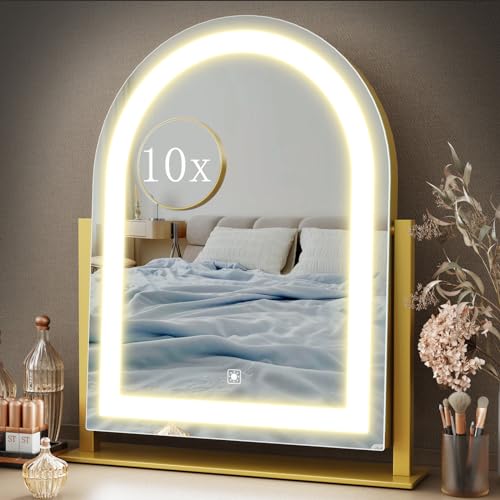 Gvnkvn Vanity Mirror with Lights, 15.2’’ LED Makeup Mirror Detachable 10X Magnification, Smart Touch Control, 3 Color Lighting Modes,360°Rotation Tabletop Make Up Mirror for Bedroom Bathroom(Curved) - color: Gold, size: 15.2"L x 13"W