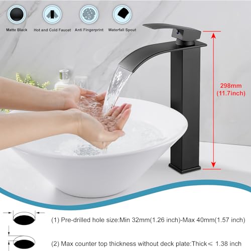 Midanya Waterfall Tall Bathroom Vessel Sink Faucet,Matte Black | with 24” cUPC Water Hoses,Pop Up Drain without Overflow,for 1 hole Vanity,RV,Lavatory,Bowl,Farmhouse,SUS304,Single Handle - color: Black