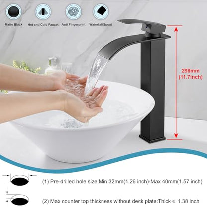 Midanya Waterfall Tall Bathroom Vessel Sink Faucet,Matte Black | with 24” cUPC Water Hoses,Pop Up Drain without Overflow,for 1 hole Vanity,RV,Lavatory,Bowl,Farmhouse,SUS304,Single Handle - color: Black