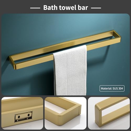 Bathroom Hardware Accessories Set Brushed Gold Towel Bar Set Square Bathroom Accessories Kit 4-Piece Towel Holder Set Stainless Steel Wall Mounted,23.6 Inch Towel Bar - color: Brushed Gold