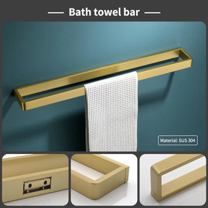 Bathroom Hardware Accessories Set Brushed Gold Towel Bar Set Square Bathroom Accessories Kit 4-Piece Towel Holder Set Stainless Steel Wall Mounted,23.6 Inch Towel Bar - color: Brushed Gold