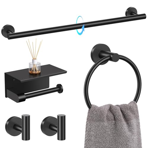 TQKAG Bathroom Hardware Set Black, 5 Piece Bathroom Towel Bar Holder Sets | SUS304 Stainless Steel, 23.6" Toilet Paper Holder with Shelf, Towel Racks for Bathroom Wall Mounted, Matt Black Towel Bars - color: Matte Black, size: 5-Pieces Set-A