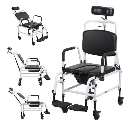 Reclining Shower Chair with Wheels,Commode Wheelchair Toilet Chair | Padded Transfer Chair with Headrest, Flip-up Armrests & Foot Rests, Tilt Rolling Wheelchair for Elderly, Disabled, Handicap