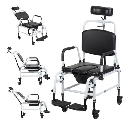Reclining Shower Chair with Wheels,Commode Wheelchair Toilet Chair | Padded Transfer Chair with Headrest, Flip-up Armrests & Foot Rests, Tilt Rolling Wheelchair for Elderly, Disabled, Handicap