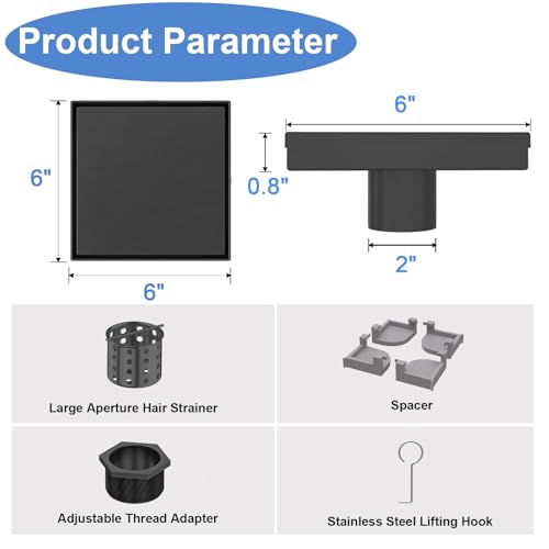 6 Inch Square Shower Drain-Matte Black, with Tile Insert Grate | AISI 304 Stainless Steel Shower Drain, Shower Floor Drain with Hair Catcher, Fits Bathroom, Balcony - color: Matte Black, size: 6 Inch
