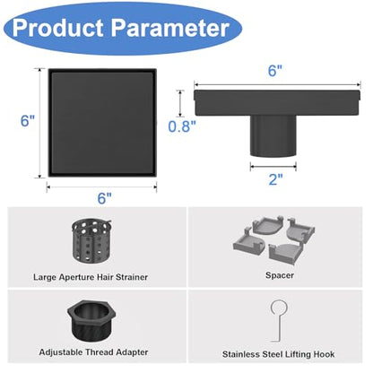 6 Inch Square Shower Drain-Matte Black, with Tile Insert Grate | AISI 304 Stainless Steel Shower Drain, Shower Floor Drain with Hair Catcher, Fits Bathroom, Balcony - color: Matte Black, size: 6 Inch