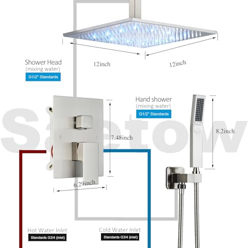 Shower System 12 Inch LED Square Showerhead Shower Faucet Set Shower Kit with Handheld Spray SUS304 Stainless Steel Shower Trim Kit Handheld shower with Rough-in Valve Brushed Nickle… - color: Brushed Nickel, style: 12"-led