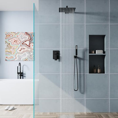 WELLFOR 12-In Wall Mounted Rain Shower Faucet with Single Handle and Handheld Spray, Waterfall Dual Head Shower Head System with 2-way Diverter, Pressure-balanced Valve Included, Matte Black - color: Matte Black, style: Wall Mount 12-Inch