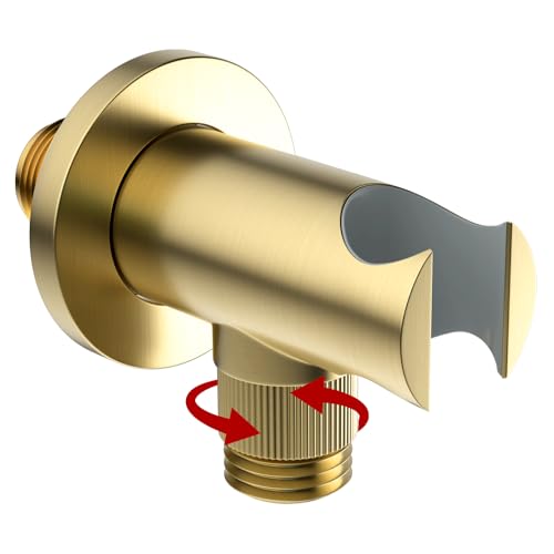 Bathroom Brass Round Wall Mount Water Supply Elbows with On/Off Flow Control Bracket Handheld Shower Head Holder, Brushed Gold - color: Brushed Gold