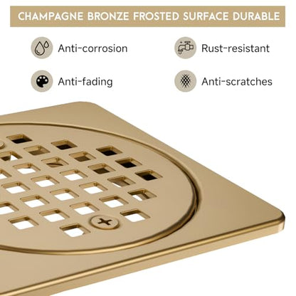4" Shower Drain Grate Kit, Fits Schluter Kerdi | Champagne Bronze, Square Floor Drain SS304 Stainless Steel Removable Drain Cover with Adjustable Collar, ABS Flange
