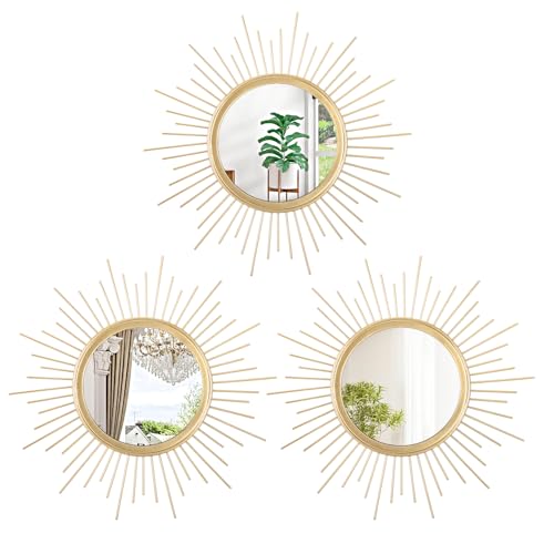 3 Pack Metal Mirrors for Wall Gold Sunburst Wall Mirrors Home Décor Art Decorative Modern Bohemian Hanging Wall Art for Living Room Bedroom Bathroom Entryway Small 12'' - color: Sunburst-gold, size: 3 Set 12"L x 12"W