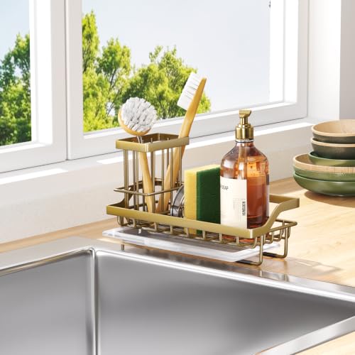 Consumest Sponge Holder for Kitchen Sink - Sink Caddy with Dish Brush Holder, Stainless Steel Kitchen Organizer with Drip Tray for Countertop, Darker Gold - color: Darker Gold