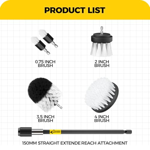 Holikme 6Pack Drill Brush Power Scrubber Cleaning Brush Extended Long Attachment Set All Purpose Drill Scrub Brushes Kit for Grout, Floor, Tub, Shower, Tile, Bathroom and Kitchen Surface White | 5 head sizes, white nylon fibers, power scrubber attachments