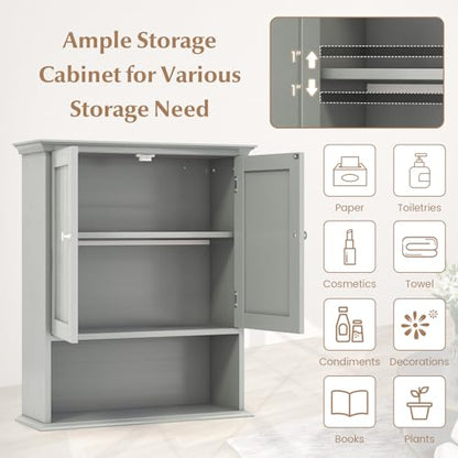 Bathroom Wall Cabinet, Over the Toilet Storage Cabinet with 2 Doors, 3 Heights Adjustable Shelf & Open Shelf, Wooden Hanging Medicine Cabinet for Bathroom, Kitchen, Living & Laundry Room, Gray - color: Grey
