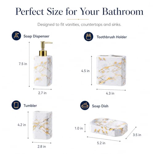 4 Piece Bathroom Accessories Set - White Bathroom Accessory Sets Includes Lotion Dispenser, Toothbrush Holder Tumbler, and Soap Dish - Glossy Finish (Marble, White) - color: White