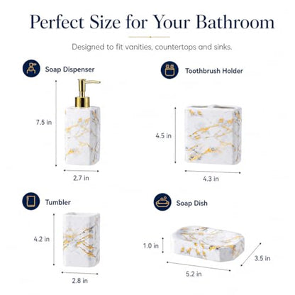 4 Piece Bathroom Accessories Set - White Bathroom Accessory Sets Includes Lotion Dispenser, Toothbrush Holder Tumbler, and Soap Dish - Glossy Finish (Marble, White) - color: White