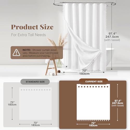 BTTN 3 in 1 Shower Curtain with Liner, 96 Extra Long Boho Linen Striped Cloth Shower Curtain Set with Hook, Large Farmhouse Bohemian Waterproof Fabric Shower Curtain for Bathroom, White, 72x96 - color: White With Liner, size: 72"W x 96"L (Pack of 1)