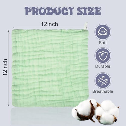 20 Pcs Baby Muslin Washcloth 12 x 12 Inch 100% Cotton Soft and Absorbent Muslin Washcloth Burp Cloth Wipe Newborn Face Towel for Baby Boy Girl Sensitive Skin(White, Light Green, Green) - color: White, Light Green, Green