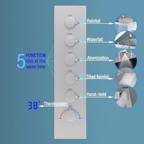 Enga Luxury Dual Shower Head System LED Thermostatic Shower System with 6 inch Wall Shower, 20-Inch 3 Function Shower Head (Rainfall & Mist & Waterfall), Brushed Nickel - color: Brushed Nickel, style: 20" Head (Rain + Mist+Waterfall) - 6" Head