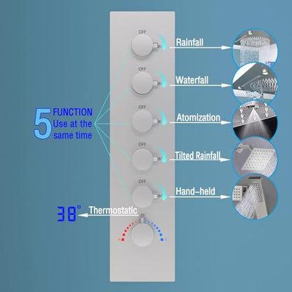 Enga Luxury Dual Shower Head System LED Thermostatic Shower System with 6 inch Wall Shower, 20-Inch 3 Function Shower Head (Rainfall & Mist & Waterfall), Brushed Nickel - color: Brushed Nickel, style: 20" Head (Rain + Mist+Waterfall) - 6" Head