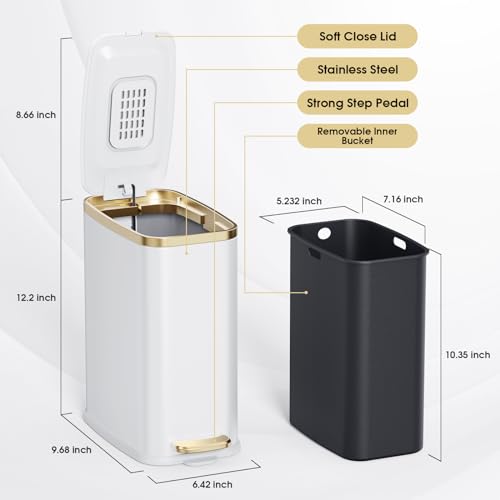 CEROELDA Small Bathroom Trash Can with Lid Soft Close-5L/1.3 Gal Stainless Steel Garbage Can-Step Pedal Wastebasket Slim Trash Bin for Office, Bedroom, Toilet, Live Room-White - color: White, size: 1.3 Gallon