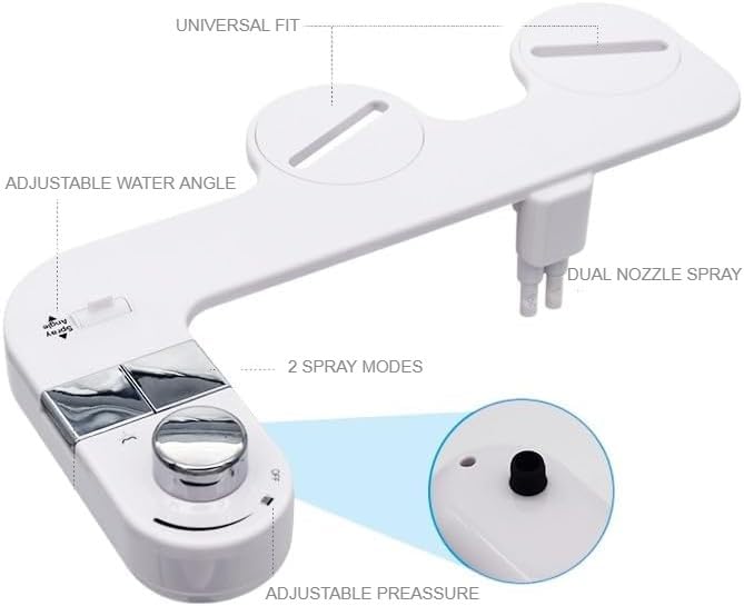 Bidet Attachment for Toilet, Non-Electric Cold Water Bidet with Dual Nozzles (Rear & Feminine Wash), Self-Cleaning Nozzle Rinse, Adjustable Water Pressure Control, Easy Install Kit, Fits Most Toilets