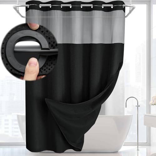 No Hook Shower Curtain with Liner Set Hotel Waffle Curtain Black 48W X 75L | Washable Snap in Fabric Liner, Mesh Top Window, Waffle Hotel Style Shower Curtain Set - color: Black, size: Small Stall 48"W x 75"L