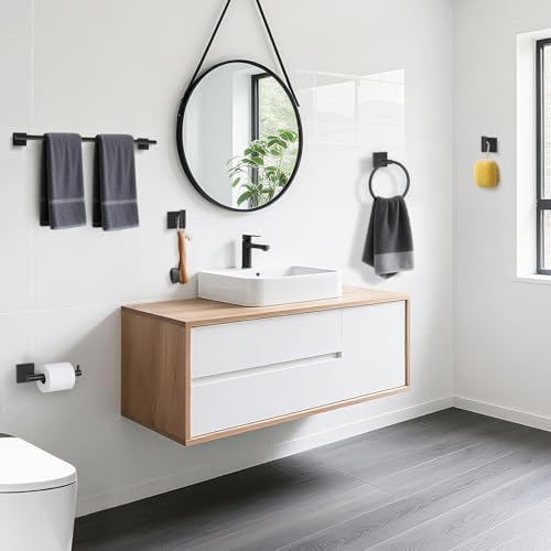 TURS 5-Pieces Matte Black Bathroom Hardware Set 23.6 Inch SUS304 Stainless Steel Towel Bar Set Wall Mounted Bathroom Accessories Set - color: Matte Black, size: 5-Pieces Set-B